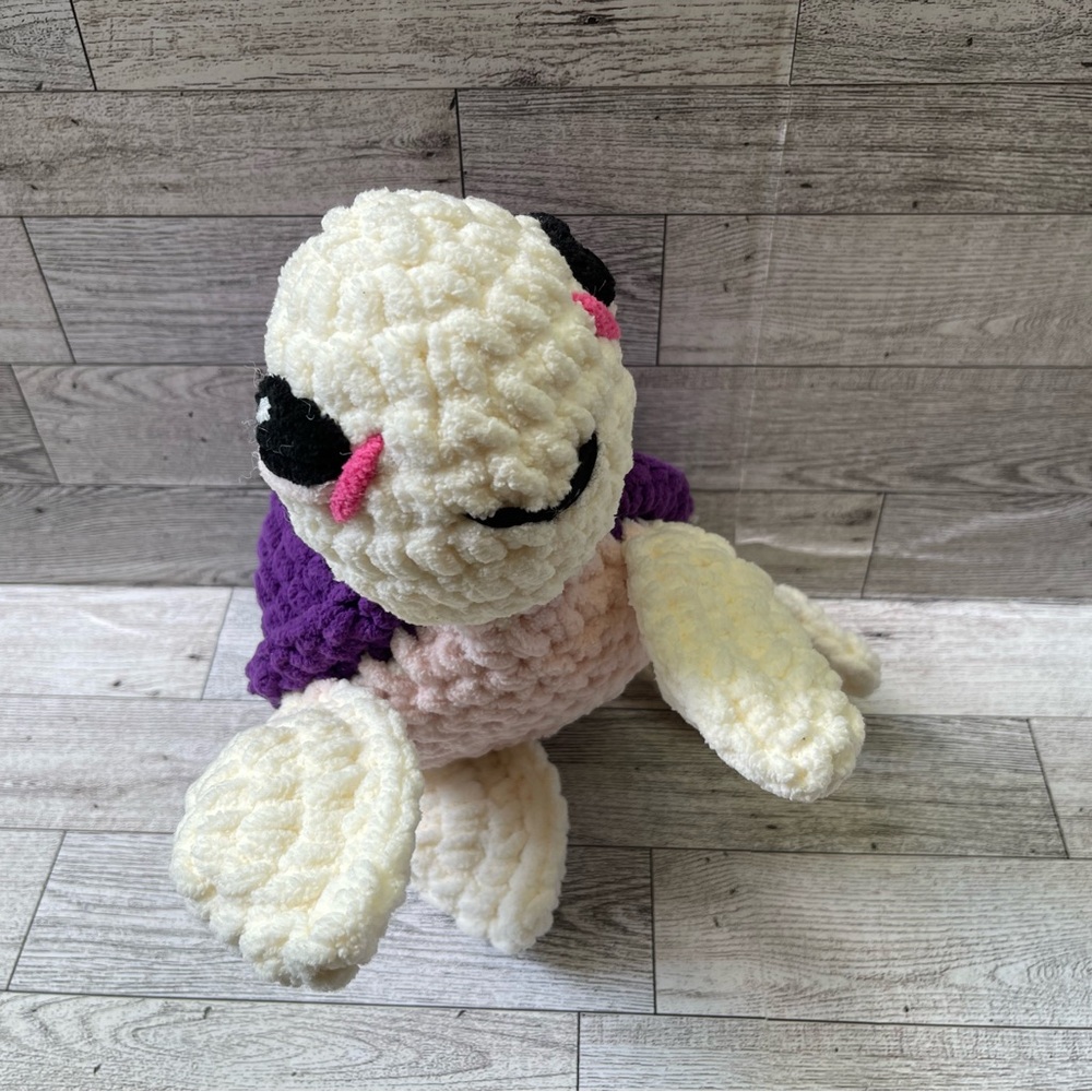 Plush Turtle Toy - Cream and Purple Handmade Crochet